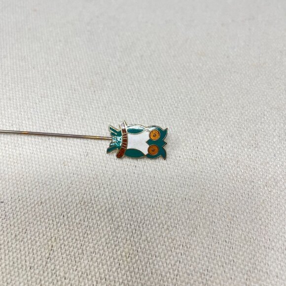 Cloisonne Enamel Owl Stick Pin Novelty Bird Vintage Gold-Tone Green - Picture 4 of 13